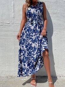 Breezaya Floral Print Belted Dress - Blue and White - View 3