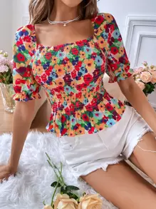 SHEIN VCAY 印花打褶泡泡袖荷葉邊下擺襯衫 - 彩色 - 查看 1