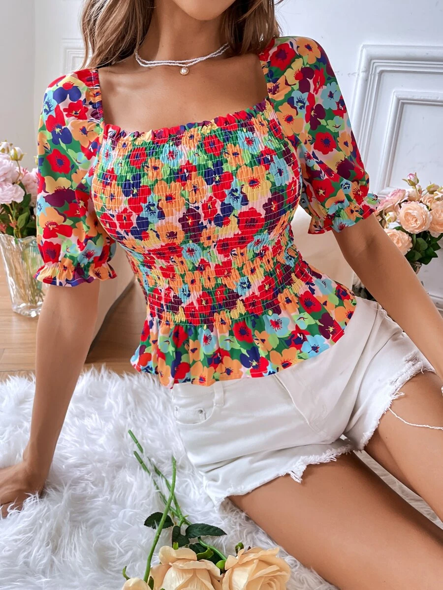 SHEIN VCAY 印花打褶泡泡袖荷葉邊下擺襯衫 - 彩色 - 查看 1