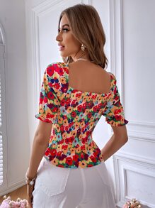 SHEIN VCAY 印花打褶泡泡袖荷葉邊下擺襯衫 - 彩色 - 查看 2