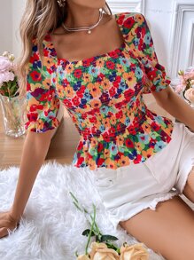 SHEIN VCAY 印花打褶泡泡袖荷葉邊下擺襯衫 - 彩色 - 查看 3