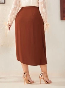 SHEIN Clasi Váy Plus Size Bất đối xứng xoắn lại Trọn gói Dây kéo màu trơn Thanh lịch - Rỉ Nâu - Xem 3