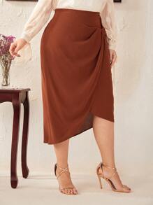 SHEIN Clasi Váy Plus Size Bất đối xứng xoắn lại Trọn gói Dây kéo màu trơn Thanh lịch - Rỉ Nâu - Xem 5