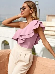 Ruffle Detail One Shoulder Blouse - Pink - View 1