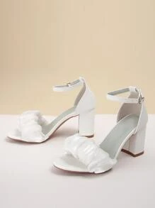 Ruched Band Chunky Heeled Ankle Strap Sandals - White - View 3