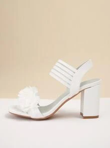 Women's White Flower Decor Thin Strap Metal Buckle Chunky Heel Sandals, Minimalist Fashion, Casual For Spring & Summer