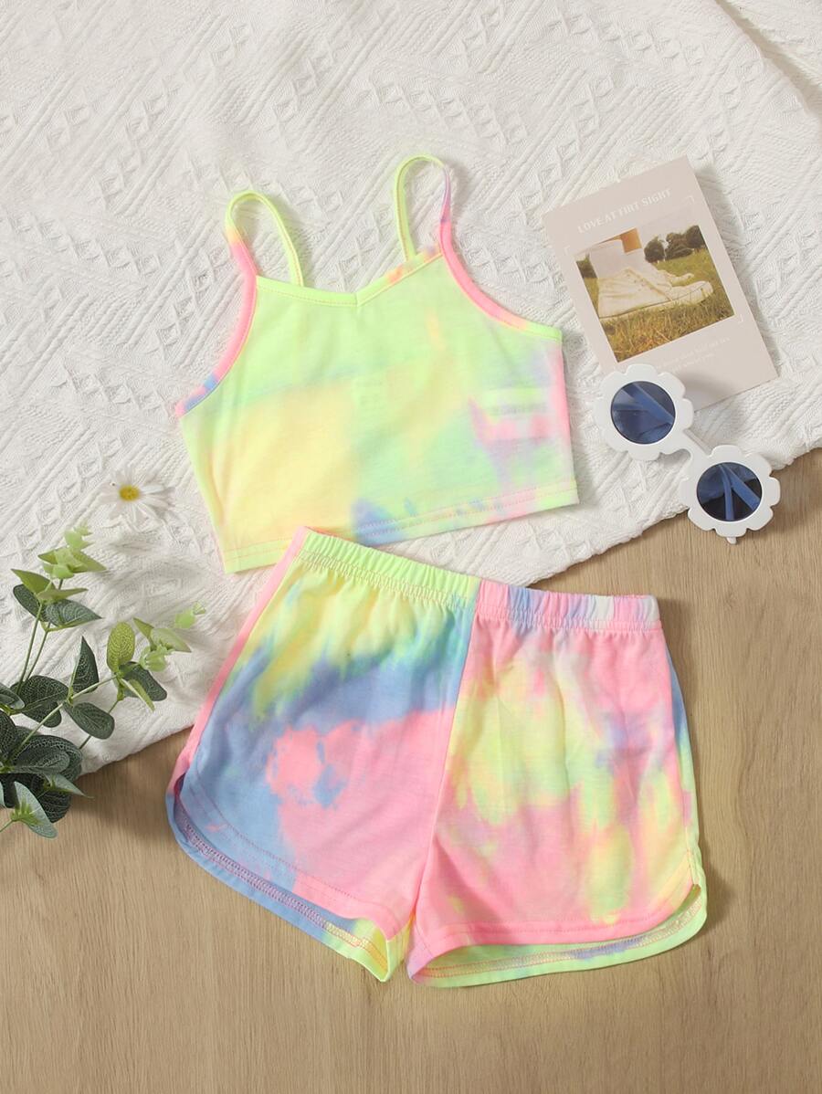 SHEIN Young Girl Tie Dye Cami Top & Dolphin Shorts - Multicolor - View 1