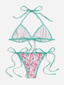 ROMWE Anime Cartoon Figure Graphic Ringer Halter Tie Side Bikini Swimsuit - Multicolor - View 2