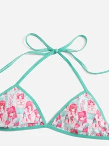 ROMWE Anime Cartoon Figure Graphic Ringer Halter Tie Side Bikini Swimsuit - Multicolor - View 3