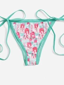 ROMWE Anime Cartoon Figure Graphic Ringer Halter Tie Side Bikini Swimsuit - Multicolor - View 4