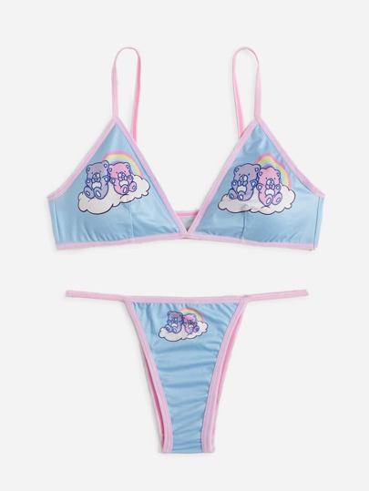 Kawaii Cartoon Bear Graphic Ringer Lingerie Set