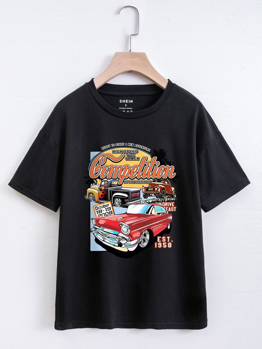 SHEIN EZwear Letter & Car Print Tee - Black - View 1