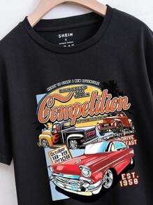 SHEIN EZwear Letter & Car Print Tee - Black - View 3