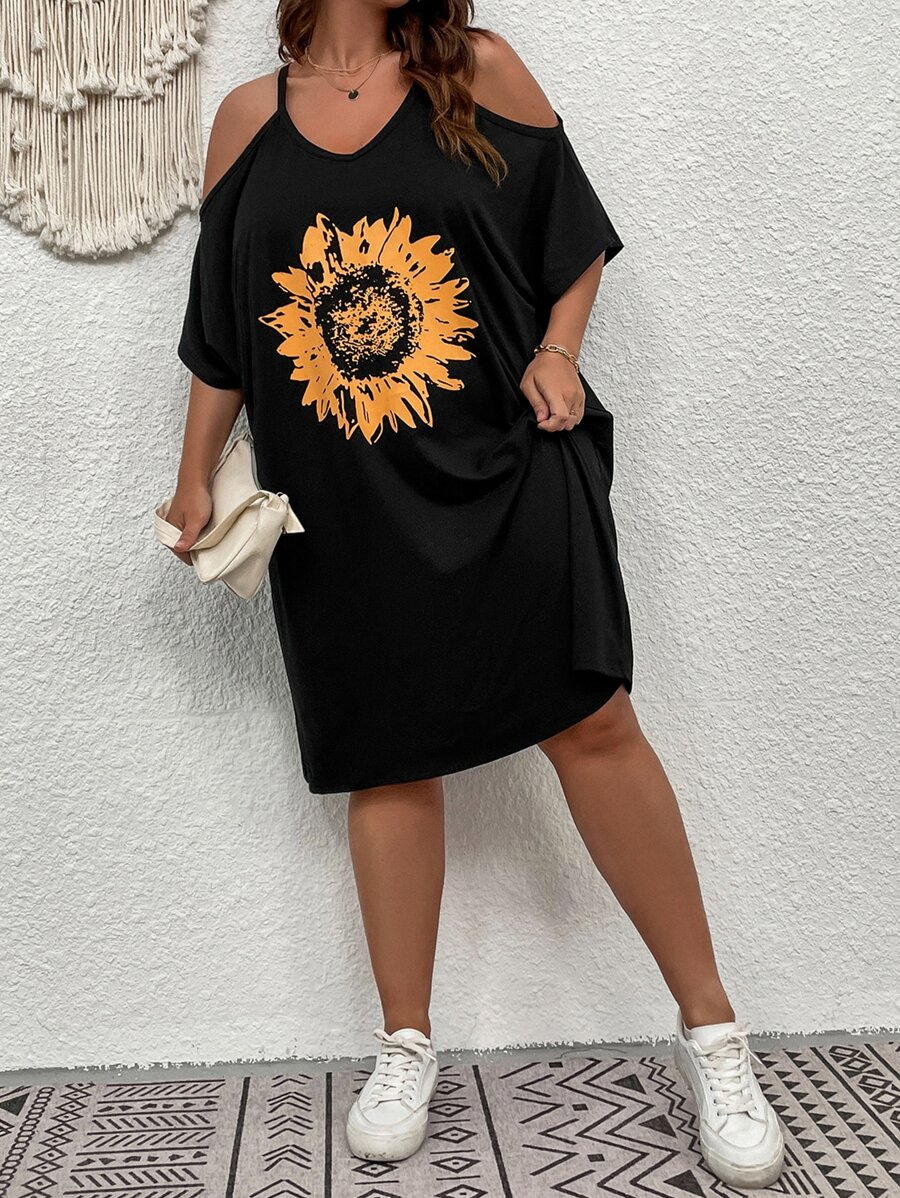 SHEIN LUNE Plus Sunflower Print Cold Shoulder Dress - Black - View 1