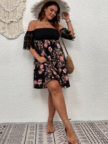 Plus Floral Print Off Shoulder Guipure Lace Panel Shirred Dress - Multicolor - View 1
