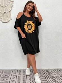 SHEIN LUNE Plus Sunflower Print Cold Shoulder Dress - Black - View 4