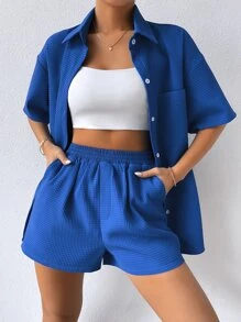 SHEIN Drop Shoulder Pocket Patched Shirt & Shorts