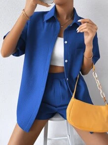 SHEIN Drop Shoulder Pocket Patched Shirt & Shorts