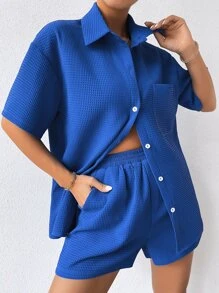 SHEIN Drop Shoulder Pocket Patched Shirt & Shorts