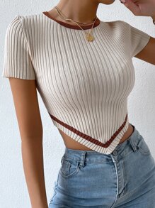 Breezaya Women's Casual Short Sleeve Fitted Crew Neck Knit Top - Beige - View 6