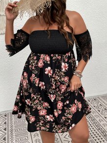 Plus Floral Print Off Shoulder Guipure Lace Panel Shirred Dress - Multicolor - View 6