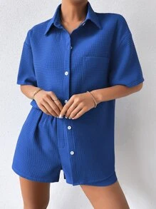 SHEIN Drop Shoulder Pocket Patched Shirt & Shorts