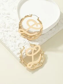 字母裝飾竹節設計圓耳環 - 金黃色 - 查看 1