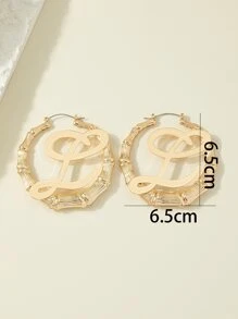 字母裝飾竹節設計圓耳環 - 金黃色 - 查看 4