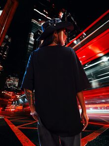 Bear & Letter Graphic Drop Shoulder Tee - Black - View 2