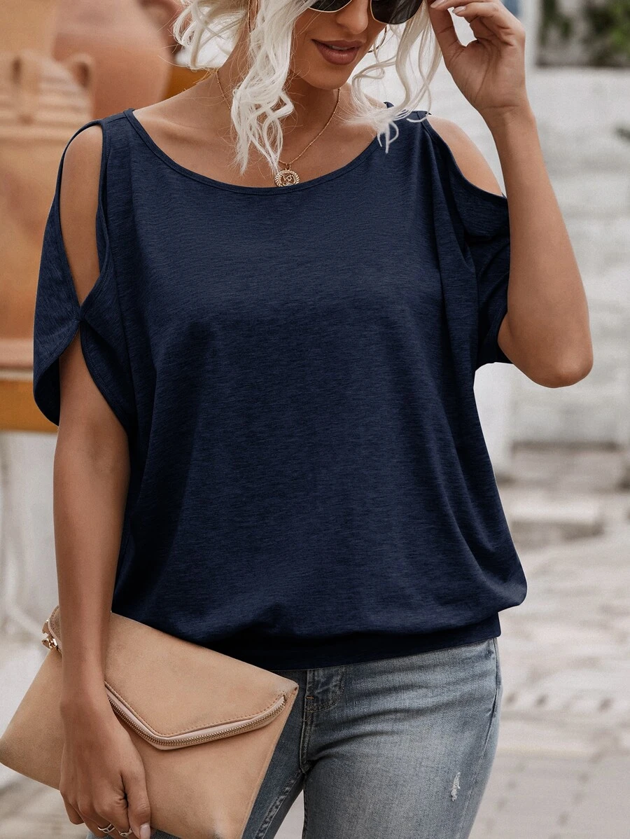 SHEIN LUNE Camiseta unicolor de hombros descubiertos con cordón trasero - Azul Marino - Ver 1