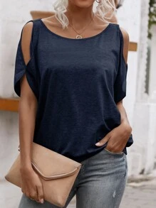 SHEIN LUNE Camiseta unicolor de hombros descubiertos con cordón trasero - Azul Marino - Ver 3