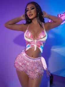 SHEIN SXY Sequin Dragonfly Pattern Lace Up Backless Halter Top & Fringe Hem Skirt - Multicolor - View 7