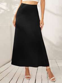 SHEIN Privé Zipper Side Ruched Satin Skirt - Black - View 1