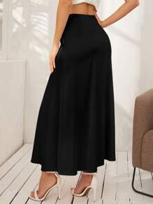 SHEIN Privé Zipper Side Ruched Satin Skirt - Black - View 2