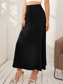 SHEIN Privé Zipper Side Ruched Satin Skirt - Black - View 3