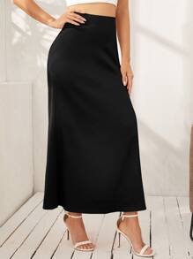 SHEIN Privé Zipper Side Ruched Satin Skirt - Black - View 4