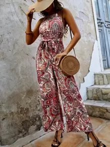 SHEIN Frenchy Floral & Paisley Print Tie Backless Belted Halter Jumpsuit - Multicolor - View 3
