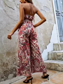 SHEIN Frenchy Floral & Paisley Print Tie Backless Belted Halter Jumpsuit - Multicolor - View 4