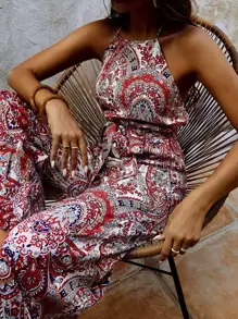 SHEIN Frenchy Floral & Paisley Print Tie Backless Belted Halter Jumpsuit - Multicolor - View 1