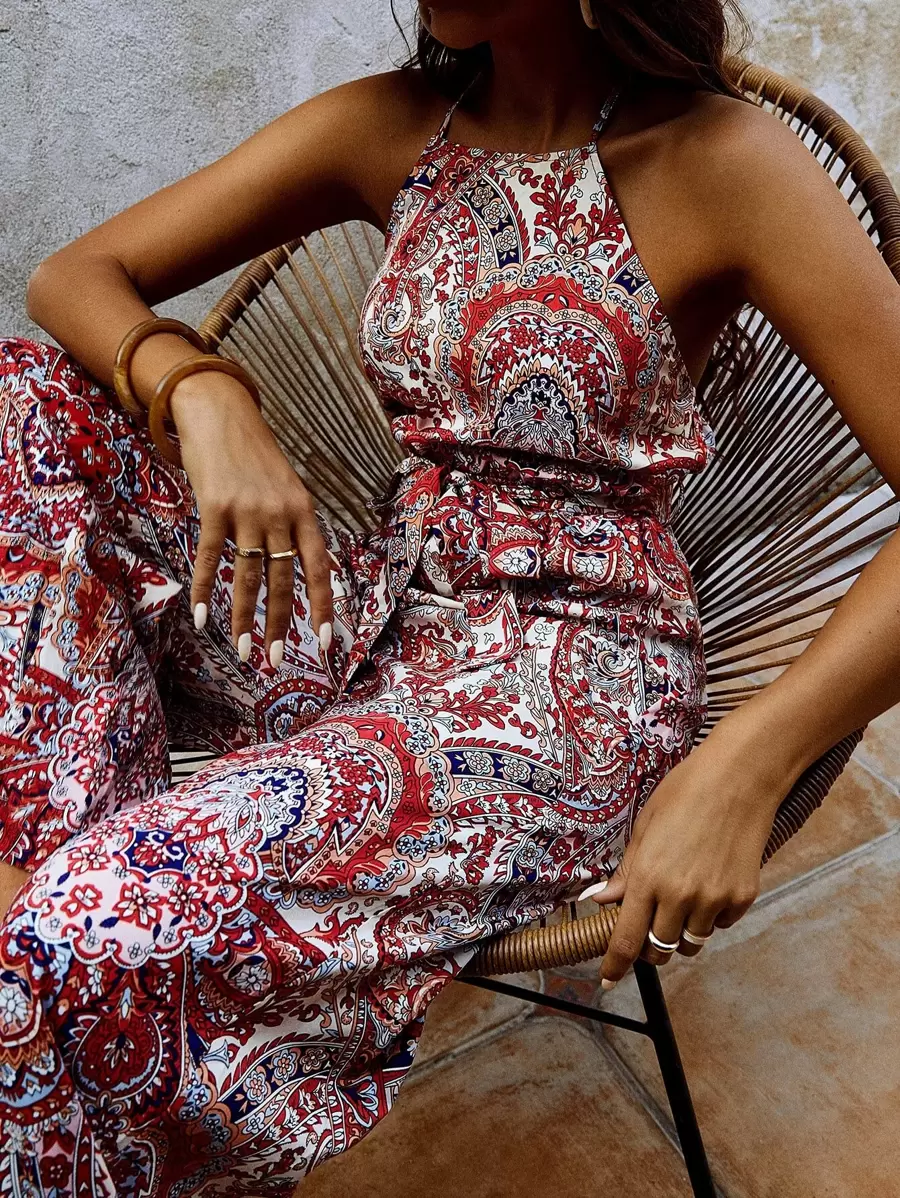 SHEIN Frenchy Floral & Paisley Print Tie Backless Belted Halter Jumpsuit - Multicolor - View 1