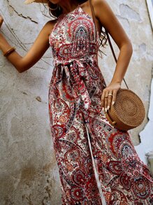 SHEIN Frenchy Floral & Paisley Print Tie Backless Belted Halter Jumpsuit - Multicolor - View 2