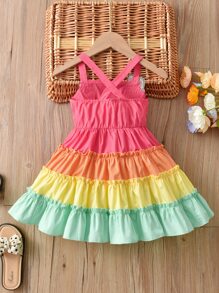 SHEIN Toddler Girls Colourblock Carrot & Rabbit Patched Detail Layered Hem Cami Dress - Multicolor - View 2