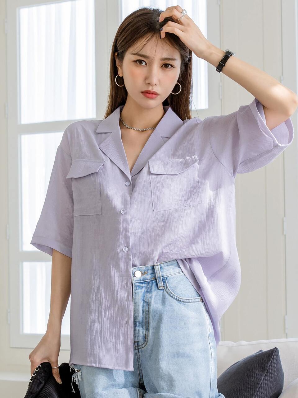 Flap Pocket Lapel Neck Drop Shoulder Blouse
