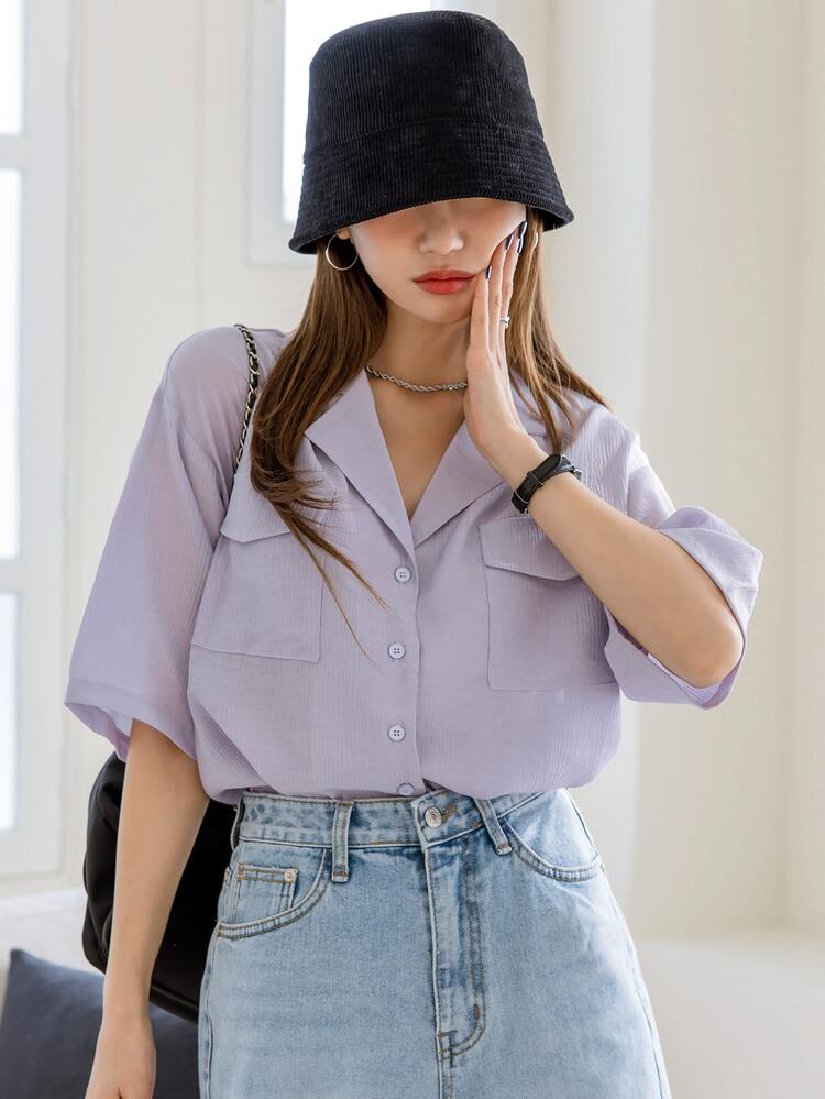 Flap Pocket Lapel Neck Drop Shoulder Blouse