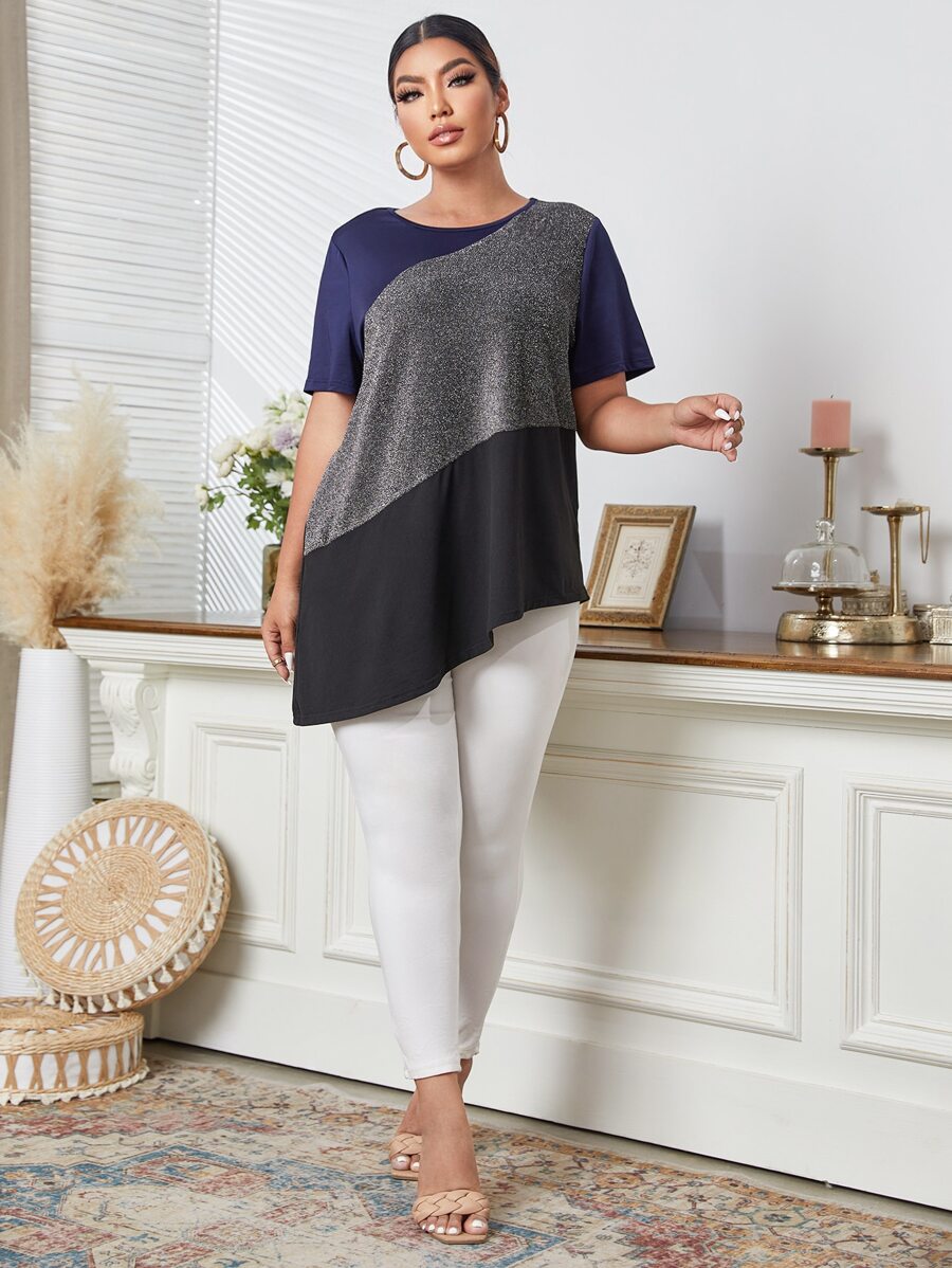 Mulvari Plus Cut And Sew Asymmetrical Hem Tee - Multicolor - View 1