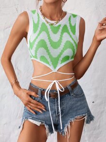 SHEIN Unity Allover Pattern Crisscross Knot Hanky Hem Sweater Vest - Multicolor - View 4