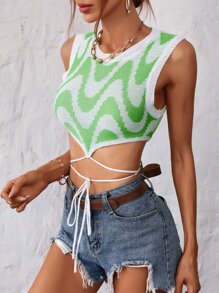 SHEIN Unity Allover Pattern Crisscross Knot Hanky Hem Sweater Vest - Multicolor - View 7