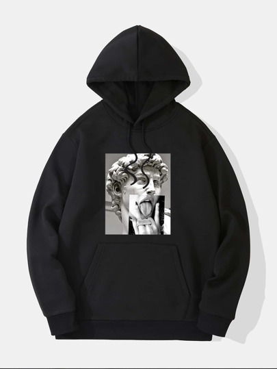 Guys Sculpture And Figure Graphic Kangaroo Pocket Drawstring Thermal Lined Hoodie