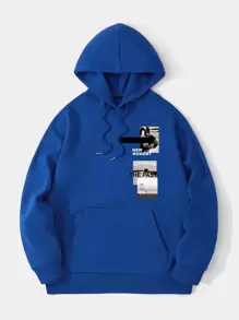 Men Picture And Letter Graphic Thermal Lined Kangaroo Pocket Drawstring Hoodie - Royal Blue - View 1