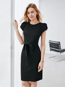 SHEIN Clasi Vestido con cinturón poliéster reciclado unicolor manga tulipán - Negro - Ver 1